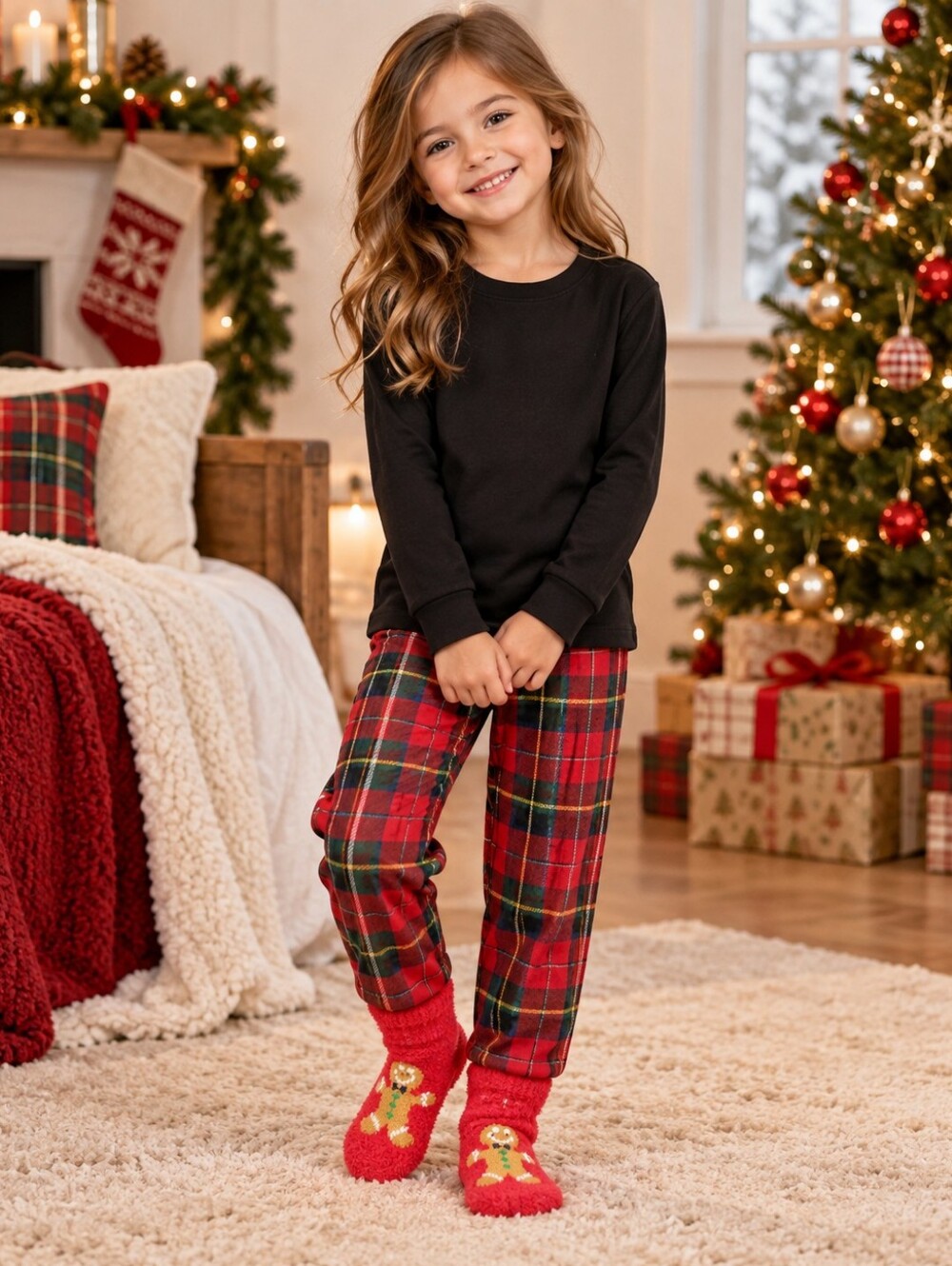 Kids 3 Piece Christmas Pajama Sleep Set Size 5-7 Plaid Pants Gingerbread Socks